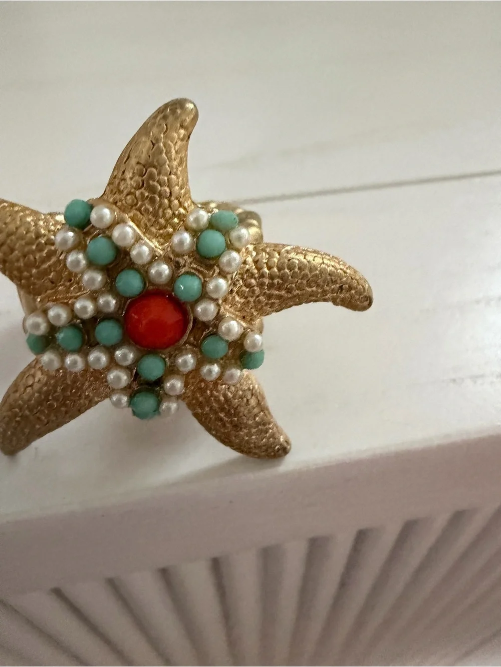 Gold Starfish Stretch Ring with Turquoise, Pearl and Coral Accents
